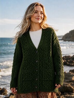 Aran Crafts XXL Olive Green Irish Cable Knit Button Coat Cardigan